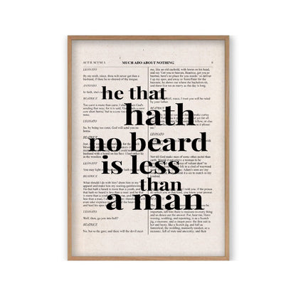 Shakespeare He That Hath No Beard Is Less Than A Man Quote Book Print in an oak frame