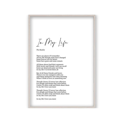 Personalized Song Lyrics Print in a white oak frame