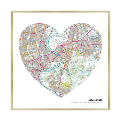 Personalized OS Map Heart Print in a champagne gold frame