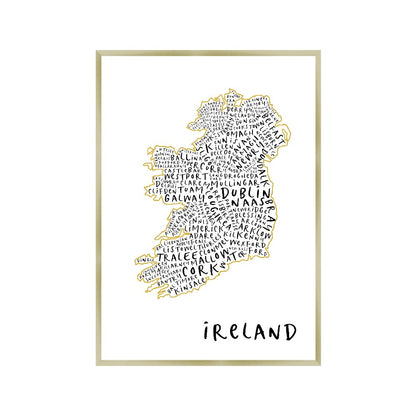 Ireland Typography Map Print in a champagne gold frame