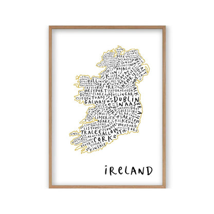 Ireland Typography Map Print in an oak frame